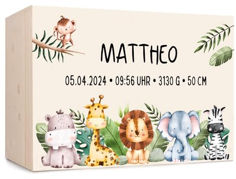 Generisch Erinnerungsbox Baby, personalisierte Holzkiste mit Klappdeckel, Aufbewahrung von Erinnerungen, Geschenk zur Geburt und Taufe, Geburtsgeschenk Jungen und Mädchen (Safari, 40x30x22 cm)