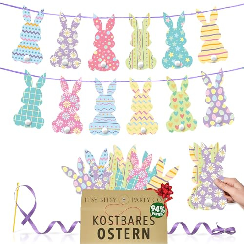 Premium Wiederverwendbare Osterdeko - Osterhase Deko - Osterdeko zum Aufhängen, Frühlingsdeko Innen - Ostergirlande mit 12 doppelseitigen Papier hasen mit Pompon Schwänzchen