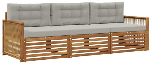 vidaXL Outdoor-Sofagarnitur mit Kissen 3 pcs Natürlich und Hellgrau, Outdoor Lounge, Moderne Ecksofa, Gartenmöbel, Terrassen-Sitze, Komfortables Set für Wohnräume