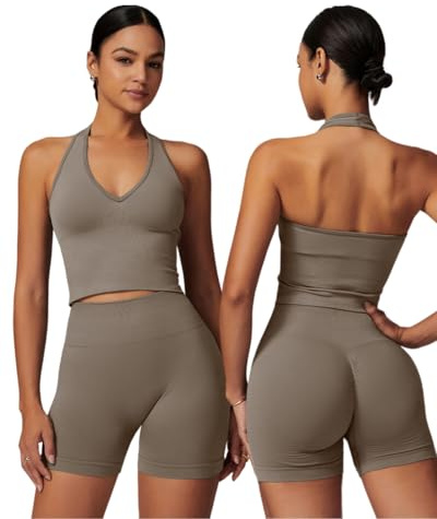 IDOPIP Sport-Set Damen Neckholder Zweiteiler: Rückenfrei Gym Set mit BH, Hoch Taile Po-formende Shorts mit Scrunch-Effekt - Sportanzug für Fitness Yoga Pilates Workout
