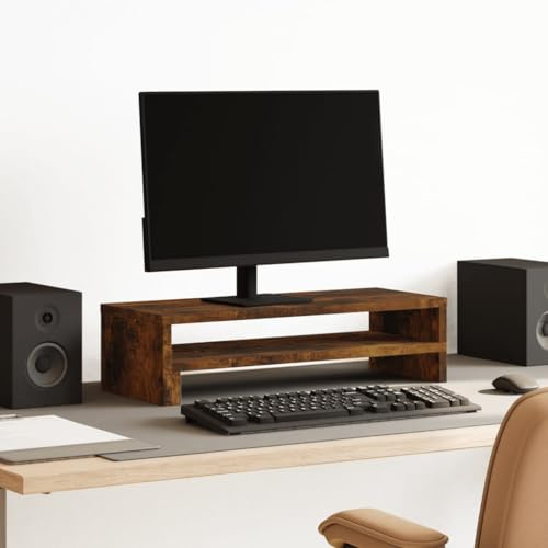 Holepyr Support de moniteur en bois de chêne fumé - 54 x 22 x 15 cm - Support de bureau avec espace de rangement pour bureau à domicile - Gaming - Support pour ordinateur portable - Étagère pour