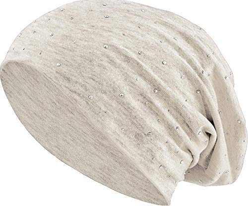 Jersey Baumwolle elastisches Long Slouch Beanie Unisex Herren Damen mit Strass Stern Steinen Mütze Heather in 35 (7) (Heather Beige)