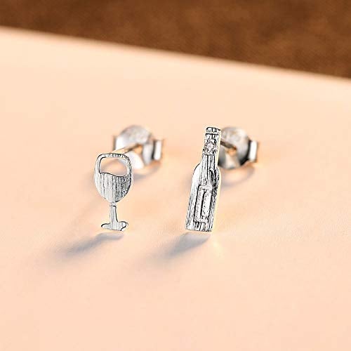 THTHT Sterling Silver Earrings Women'S Simple Wine Bottle Wine Glass Asymmetry Cute Exquisite Creative Fashion Vintage Jewelry