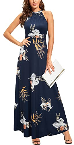 STYLEWORD Sommmerkleid Damen Lang Elegant Kleid Ärmellos Maxikleid Sommer für Hochzeit(Floral19,L)