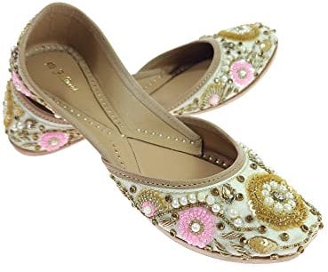 Fulkari Women's Bergenia Pearl Gold Toned Soft Leather Jutis,Bite and Pinch Free Juttis,Punjabi Formal Jutti,Girl's Wedding Flat Jooti Ladies Mojari,Bridal Ethnic Flats Juti , Beige Gold, 9 UK
