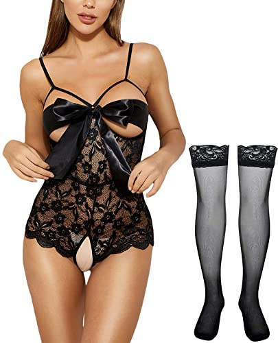 NLAND Ensembles de Lingerie pour Femmes 2 Pieces Babydoll Body en Dentelle Florale sous-Vêtements Nuisettes Vêtement de Nuit avec Bas