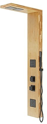 KOLMAN Duschpaneel Edelstahl mit Kopfbrause Bambus und Schwarz BASTI Thermostatisch Duschsystem Duschsäule