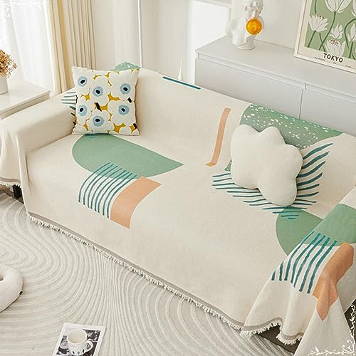 Mesnt Sofabezug 4 Sitzer Big Sofa, Chenille Sofaüberwurf Decke Couch mit Geometrisches Muster mit Halbkreisstreifen Bunt, 180x360CM