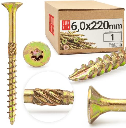 Lun Fix Viti per truciolato 6,0 x 220 mm, 1 pezzo, TX30 (stella I), nervature per fresatura a testa svasata | zincato giallo | viti Torx, viti per legno, viti universali, viti a testa svasata