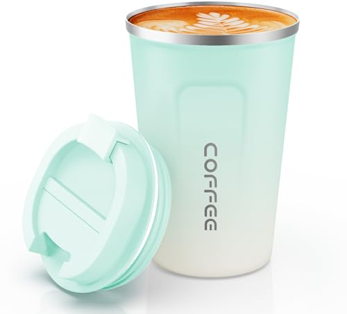 MOMSIV Coffee Cup, 380ml Vacuum Reusable Leakproof Double Wall Coffee Cup, Insulation Stainless Steel Eco-Friendly Travel Office Mug for Hot Coffee Tea and Cold Drinks, LightGreen