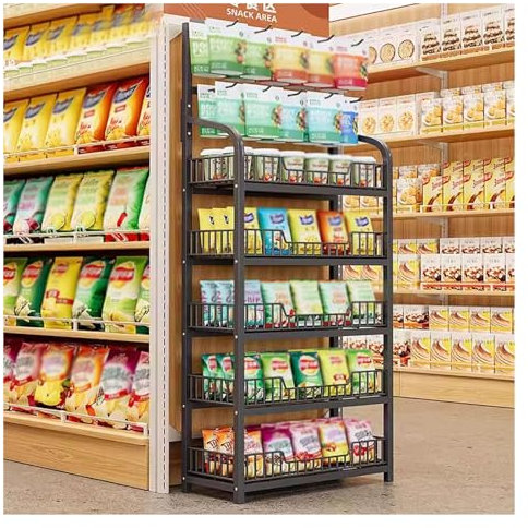Snack-Regal im Supermarkt 57,5 65,4 Zoll Groß Schwarz Regal Für Supermarkt-Snacks, Kommerziell Kartoffelchip-Regal Aufbewahrungskorb/ Teebeutel-Organisator, Mit Abnehmbarem Haken, Für Speisekammer Apo