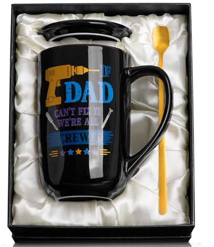 Biching Dad Gifts from Daughter Son, Birthday Gifts for Dad, 18oz Coffee Ceramic Mug Gifts Set, Cool New Dads Present with Beautiful Presentation Box, Gold Spoon, Greeting Card