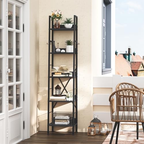 YITAHOME Bookcase 5 Tiers, Industrial Ladder Shelf Floorstanding Book Shelf Wooden Shelves and Metal Frame Book Rack Modern Shelving Unit for Living Room, Hallway, Office, Black Bookshelf