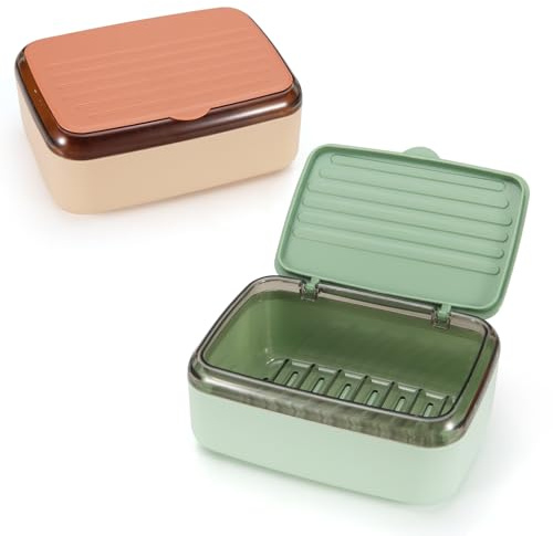 Realand Lot de 2 porte-savon avec plateau de drainage et couvercle, 2 couches amovibles, grande boîte à savon étanche pour douche, salle de bain, évier rose + vert