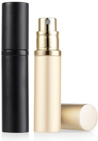 ASADAYS Portable Perfume Atomiser Refillable - 5ml Empty Travel Spray Bottle, Nano Mist, Bottom Filling Mini Atomizer, Pocket Size Cologne Dispenser for Women and Men (Black & C.Gold, CA)