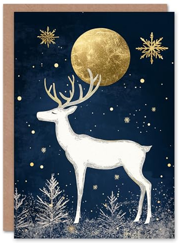 Wee Blue Coo Greeting Card Reindeer Winter Forest Full Moon Gold Elegant For Her Woman Xmas Christmas Card