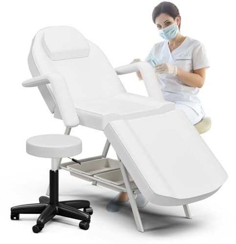 ONPNO Salon Beauty Bed with Stool, Adjustable 3-Section Massage Table with Storage Shelves, Professional Tattoo Chair, Facial Lash Bed for Client/Esthetician (White)