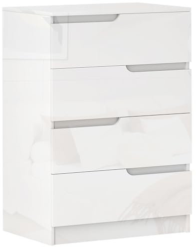HOMCOM Moderne und minimalistische Kommode mit 4 Schubladen, Kommode aus Holzspanplatten, 60x40x85 cm, Weiß glänzend