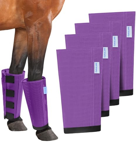 Mesh Horse Fly Boots Set of 4, Loose Fitting Leggings for Horses, Reduce Stressful Stomping, Breathable Adjustable and Universal Fit for 4 Legs, Reliable Stay Put (Purple)