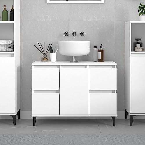 Myheimly Waschbeckenunterschrank, Waschtischunterschrank mit Stauraum,Unterschrank Metallbeine für Badezimmer, Badschrank Badezimmerschrank, Holzwerkstoff Weiß