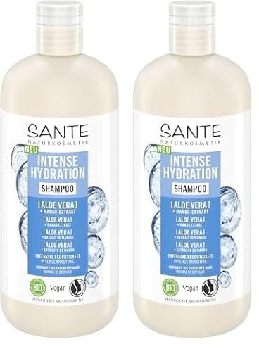SANTE Naturkosmetik Intense Hydration Shampoo Aloe Vera + Mango-Extrakt, veganes Pflegeshampoo für intensive Feuchtigkeit, stärkt trockenes Haar, 500 ml (Packung mit 2)