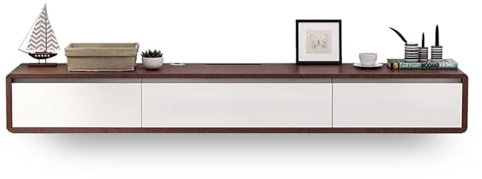 Meuble TV mural moderne flottant avec 2 tiroirs et étagère Noyer/blanc 160 cm