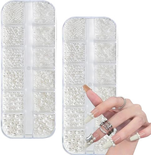 Nail Pearls,3D Nail Art Charms,24Grid Rhinestones,Semicircular Pearl Balls,White Pearls for Nails,Flatback Half-Round Pearl Beads,for DIY Acrylic Nails Decoration Wedding Party Manicurist Salon Design