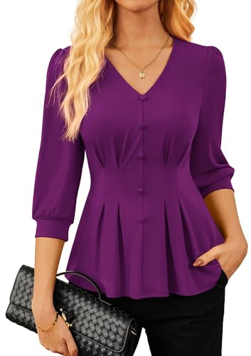 GRACE KARIN Women's Elegant 3/4-Sleeve Blouses Casual Shirts for Office Work Shirt Tops Purple XXL