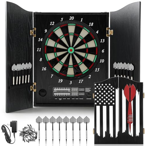 Arrowbash Electronic Dart Board Cabinet Set for Adults, Decorative Wooden Dartboard with Cabinet Doors, Auto Scoring, Cricket Game, 8 Players, 12 Darts & 50 Replacement Tips for Game Room Bar Basement