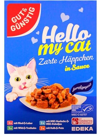 Gut & Günstig Hello My cat Zarte Häppchen in Sauce Katzenfutter, 4er Pack (4 x 1.2 kg)