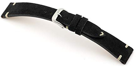 RIOS1931 Hudson Uhrenarmband aus Wildleder handgefertigt in Deutschland Klassisch, Schwarz Silberne Schließe, 20mm, Riemen