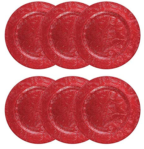 YoL 6 Embossed Decorative red Round Charger Plates Christmas Xmas Dining Table 33cm re-usable Party