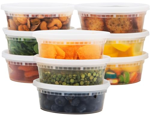 JUST PACK IT Kunststoff-Suppenbecher mit dichtem Deckel, Portionskontrolle, auslaufsicher, wiederverwendbar, stapelbar, gefriergeeignet, mikrowellen- und spülmaschinenfest, BPA-frei, robust, 48 Stück