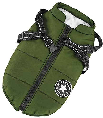 Aiboria Hundejacken für den Winter Winddicht Wasserdicht 2 in 1 Outfit Kaltwettermantel Hundewestengeschirr Welpen Winter Warme Jacke Kleines Grün XL