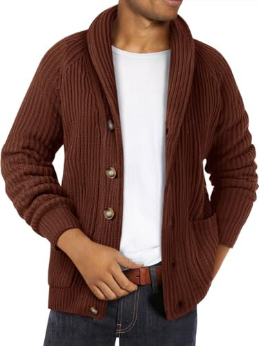 Ryannology Mens Shawl Neck Cardigan Sweater Cable Knit Zip Up Closure with Pockets Winter Sweaters Outerwear, Y Brown, Large