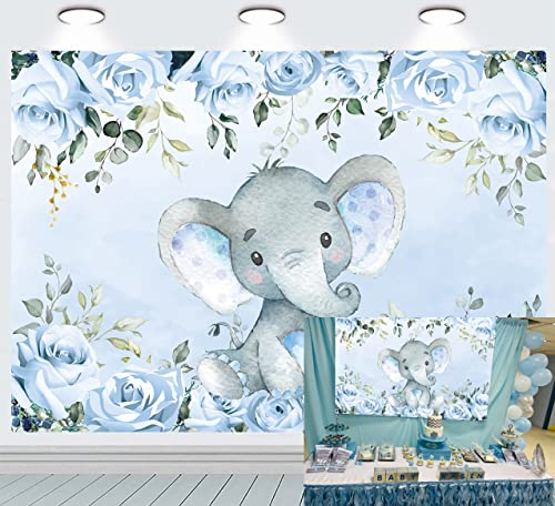INRUI Blauer Elefant Fotohintergrund Niedlicher Elefant Baby Shower Floral Backdrops Elefant Geburtstag für Junge Dekoration 2,1 x 1,5 m