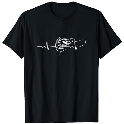Lustige Fisch Angler Zubehör & Fischer Geschenke Herren Angeln Herzschlag Angelrute Angelschnur EKG Fischen Angel T-Shirt Schwarz S Cartoon Halbarm Klassisch Casual Cartoon Heartbeat