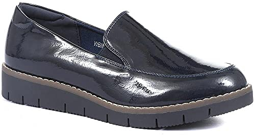 Pavers Ladies Slip On Shoes - Wider D/E Fit - Comfortable Cushioned Loafers with Low Wedge Heel - Smart Patent Design for Formal Wear - Size 6/39 Navy