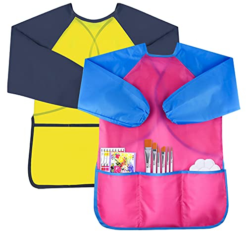 2 Pack Kids Art Smock Toddler Smocks Waterproof Artist Painting Aprons with Long Sleeve and 3 Pockets for Painting,Cooking,Eating,Arts & Crafts Childs Paint Apron for Children Ages 3-8