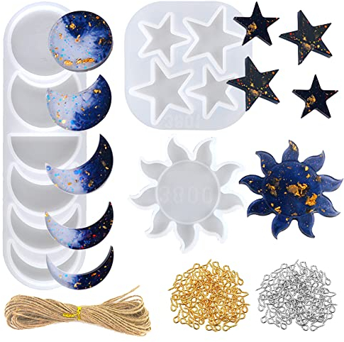 Woohome Moule en Silicone Résine Moule en Silicone 3pcs Soleil et Étoile Moules en Silicone Moules en Résine Époxy Moules avec Corde de Chanvre pour Artisanat Résine DIY Décoration Décoration Murale
