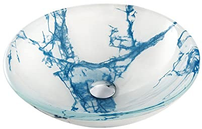 Ksunun Lavabo da Appoggio Bagno Lavabo in Vetro Temperato Lavabo da Bagno Trama di Marmo Lavabo D'appoggio Rotondo Moderno con Tubo Pop-Up, per Bagno e Toilette, 420 * 420 * 145 mm,Blu