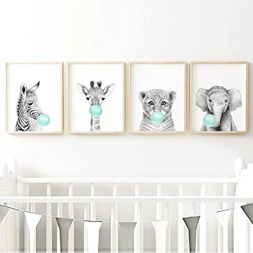 4 Poster Tiere Kaugummi Mintgrün Deko Kinderzimmer Bilder Zebra Giraffe Katze Elefant Waldtiere Babyzimmer Babyparty Geschenk A4 (21 x 30 cm) ohne Rahmen