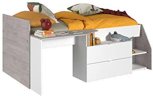 Miroytengo Cama Valky con Escritorio 2 cajones Color Blanco y Gris habitación Dormitorio Mueble 90X200/190 cm
