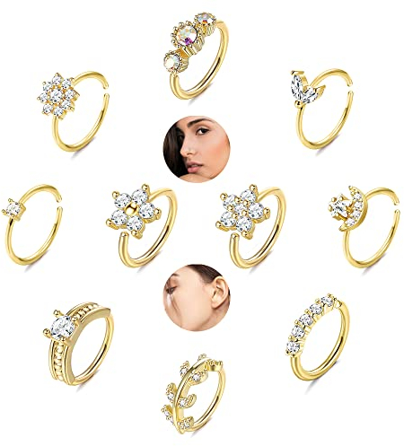 Kakonia 10 Stück 20 g Nasenringe, Nasenringe, aus Edelstahl, für Frauen, Knorpelohrringe, Raupenblüte, Mondblatt, Pavé-Fassung, CZ, Nasenpiercing, Edelstahl
