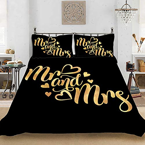 Michorinee Partner Bettwäsche Set 220x240 3 Teilig Mr und Mrs Schwarz Gold Love Herzen Ornamente Paare Bettbezug Wendemotiv Microfaser Partnerbettwäsche Set - 220 x 240 + 2 x 80 x 80 cm