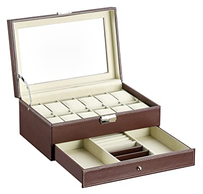 Uhrenbox aus Leder mit 12 Fächern, mit Schublade Luxus-Uhrenkasten, Präsentations-Organizer Uhrenkasten Uhrenkoffer Schmuckkasten mit Glasanzeige Oberseite für Uhren,Ringe,Armbänder (Braun-W79C)