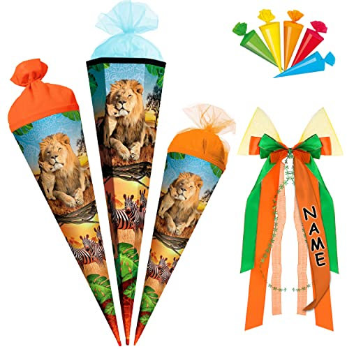 alles-meine.de GmbH Schultüte - Löwe & Zootiere 35-85 cm Größe wählbar mit/ohne Holzspitze - Zuckertüte - inkl. Name + Bänder Schleife + 5 kleine Zuckertüten - Zuckertü..