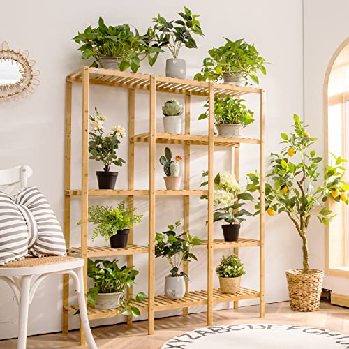COSTWAY Bamboo Plant Stand, 9 Potted/12 Potted Flower Pots Rack, Multifunctional Bonsai Display Holder Storage Organizer for Indoor Outdoor Patio Garden Living Room Balcony (81 x 27 x 114cm)