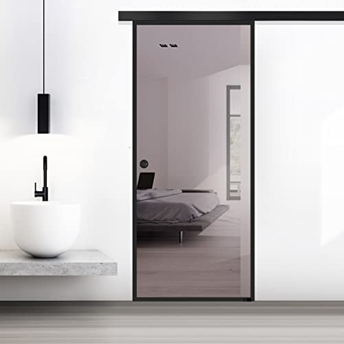 BOSS Porta scorrevole in vetro per interni modello Confort 90x215 cm (disponibile 60/80/90 cm) 8 mm, vetro di sicurezza bronzo, rivestimento nano nero, kit di accessori completo, binario appendiabiti
