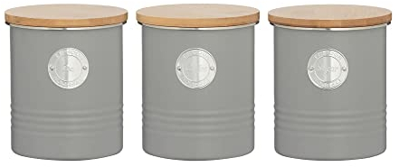 Monal Set of 3 Round Containers Perfect for Storing Living Airtight Tea Coffee and Sugar Kitchen Storage Caddy Canister Jars with Bamboo Lid Silver Badge Detail, 1 Litre - Grey
